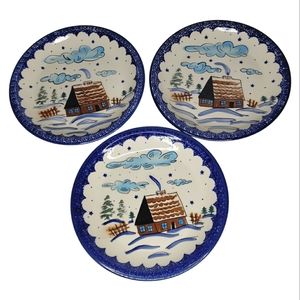 Vtg Boleslawiec Handmade Polish Winter Chalet Zaklady Ceramiczne Artisan Plates
